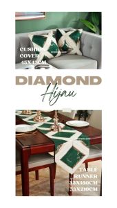 Pillow Cover / Sarung Bantal Kursi Sofa Motif Diamond Hijau 45x45cm\nTaplak Meja Tamu Aesthetic Motif Diamond Hijau | Table Runner Alas Meja Makan