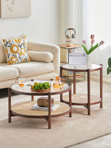 MANHAOSHI | Dual-layer Round Bamboo and Wooden Coffee Table