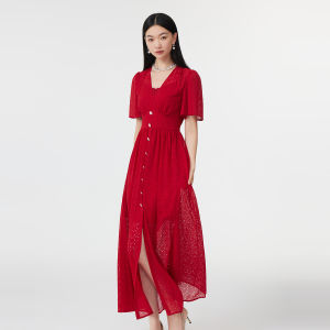 BADINA | Đầm Đỏ V-Neck Mới Kiểu Với Khe Cắt Và Dây Kéo Ẩn