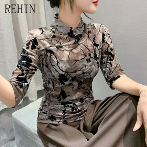 REHIN Autumn new fashion retro buckle hand-stitched bead ink painting mesh 3/4 sleeve blouse for women