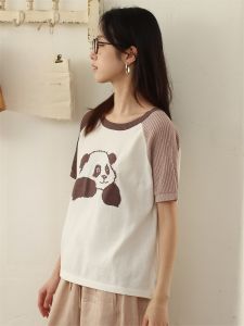 WUSEWUWEI | Colorless Odorless Sweet Style Pure Cotton Knitted Short Sleeve Round Neck Overhead Panda Patterned Sweater Comfortable Springwear