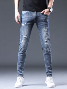 High-End Mens Slim Fit Jeans Spring Autumn Trendy Hole Design Casual Long Pants Korean Style Versatile Comfortable Breathable