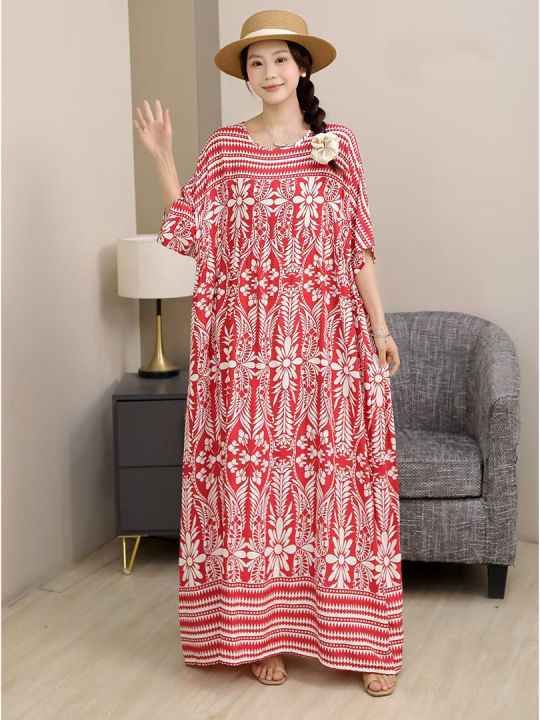 Bohemian Style Loose Fit plus Size 200 Pounds Women's Long Dress Artistic  Retro Print Cotton Silk A-Line Skirt Summer Dress