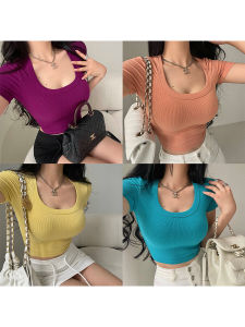 Younggirlday European and American Basic U-Neck Tight Slimming Short Navel Stretch Solid Short sleeve T-shirt Top
