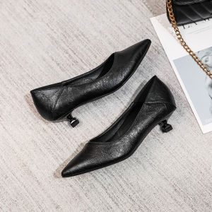 Professional Womens High Heels Black Leather Pointed Toe 3cm Stiletto Work Shoes Formal Office Footwear Comfortable Slip-On