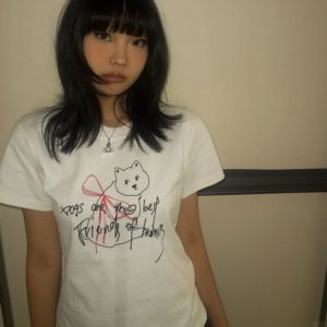 Áo Thun Cotton Tay Ngắn in Hình Chó Hoạt Hình Màu Trắng Cho Nữ Mùa Hè Ôm Vừa Vặn Đa Năng Đi Làm Phong Cách Hàn Quốc