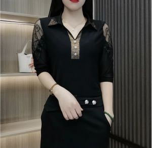 เสื้อยืดคอโปโลผู้หญิงแขนยาวสไตล์ใหม่ปี 2025 แฟชั่นดีไซน์เก๋ไก๋ กระดุมเพชร ทรงสลิมฟิต เสื้อผ้าทำงานฤดูร้อน