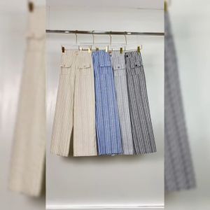 กางเกงขายาวเอวสูง ทรงกระบอก ผู้หญิง ลายริ้ว ผ้าคอตตอน ทิ้งตัว ใส่สบาย สีสวย รุ่น IR080