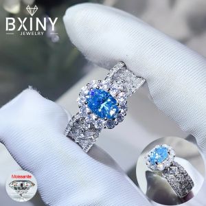 BXINY 1CT Oval Cut Blue Moissanite Ring 925 Sterling Silver For Women Lab Diamond Sapphire Lace Band Fine Jewelry Gifts With GRA