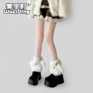 ถุงเท้าข้อสั้นขนนุ่มสีพื้นสำหรับฤดูใบไม้ร่วงและฤดูหนาวพร้อมโบว์ผีเสื้อสำหรับขาเล็กของแมวและสุนัข ถุงเท้าข้อสั้นสำหรับผู้หญิง