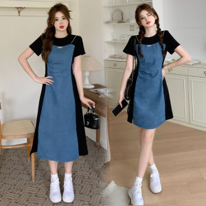 Retro Patchwork Contrast Color Waist-Tight Slim Looking Denim Dress Womens Summer Stylish Niche Style Fake Two Pieces Short Sleeve Skirt