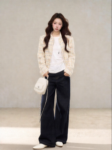 YIKEXIAOYEMEI | Quần Jeans Denim Thời Trang Chân Rộng Cao Waist Màu Xanh