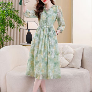 Floral Print Chiffon Dress Womens Summer 2025 Spring Autumn New Style Elegant Trendy Seven Sleeve A-Line Skirt Korean Style