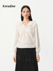 Koradior | Sequined Lace Trim V-neck Slim Fit Knitwear