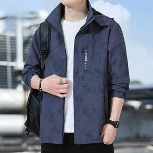 ROMON | Romon Casual Jacket Mens Spring New Detachable Cap Sport Windbreaker Outerwear Polyester Loose Fit Zipper Decoration Youth Trend