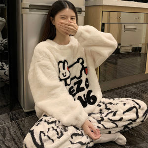 Thickened Coral Fleece Sleepwear Womens Winter Home Clothes Set with Cartoon Sausage Dog Pattern Long Sleeve round Neck Nightgown