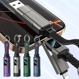 4-in-1 Fast Charging Data Transfer Keychain Travel Portable Fast Charging Cable with V/A/W Display USB Type-C Lanyard Date Cable for All Phones