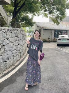 VKSOD | Bộ váy midi kẻ sọc màu xám mùa hè cho nữ phong cách Hàn Quốc thường ngày Bộ đồ hai mảnh tay ngắn cổ tròn