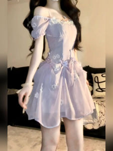 Sweet French Style Dress Women Plump Princess Skirt Design Sensation Slimming A-Line Short Sleeve High Waist Bubble Sleeve