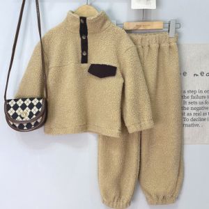 Bear Leader Korean Version Solid Color Teddy Velvet Pullover Top + Pants Two-piece Set Casual Plain Boys Girls Sports Clothes