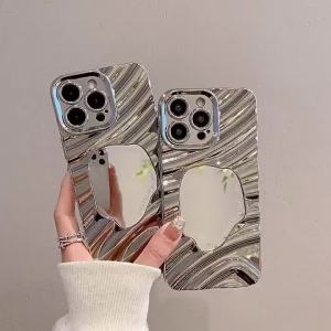 Wave Cosmetic Mirror Phone Case For iPhone 14 16 15 17 Pro 13 12 11 Pro Max Air Stylish Silver Electroplated Protective Cover