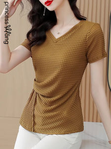 WANGGONGZHU | Princess Style Ice Silk Knitted Top Womens Summer Thin V-Neck Slimming Waist Design Fashionable Texture Korean Straight Cut