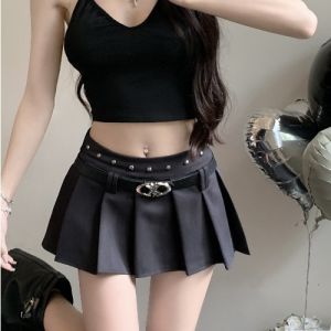 GUZILIAN | High Waist Pleated Mini Skirt For Women With Belt Korean Style A-Line Short Skirt White Color Summer Pure Desire Slimming Half Body Skirt
