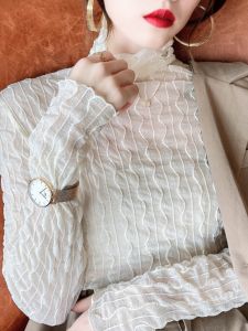 chaqi | Áo sơ mi ren cổ cao mềm mại cho nữ Áo lót thời trang mùa thu đông Áo lưới trong suốt Áo sơ mi kẻ sọc đa năng thời trang