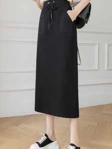 High Waist Side Slit Elastic Waist Womens Skirt Casual All-Match Korean Style Long Straight Tube Skirt for Autumn And Summer