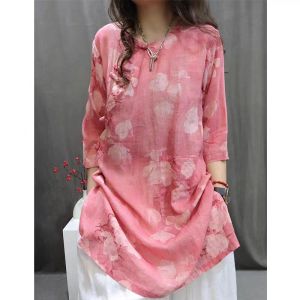 ชุดเดรสแขนยาวผ้าลินินพิมพ์ลายสไตล์ย้อนยุคสำหรับฤดูร้อน ทรงหลวม น้ำหนักเบา ระบายอากาศได้ดี สำหรับผู้หญิง