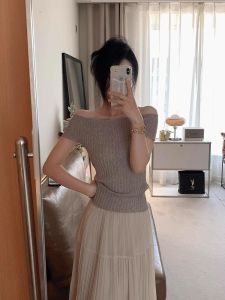 HUOLISI | Beige Off-Shoulder Short Sleeve Summer Ice Silk T-shirt