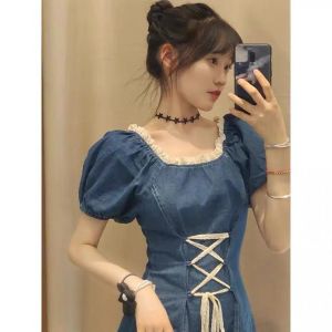 Sweet Style Bubble Sleeve Denim Dress Womens High Waist Short Skirt Summer New Slimming Belly Covering Back Strap Dresses