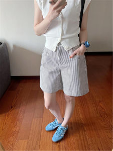 QIAONIAOGE | High Waist Striped Short Pants Womens Summer Thin Casual Mid-Length Loose Commute Trousers Straight Leg Wide Leg Pants