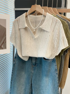 JIANDIYA | Lace Hole Polo Collar Loose Knitwear Short Sleeve