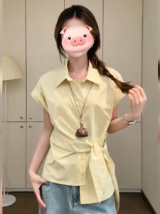 BINKAFENNY | Womens Collared Shirt Summer Design Dopaamine Style Uneven Waist Cinched Commute Anti-Aging Top Korean Style Straight Cut