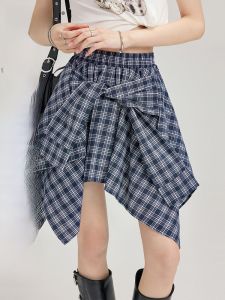 Retro Plaid Shirt Style Womens Mini Skirt High Waist A-Line Short Skirt with Bow Knot Spring Fashion Slimming Effect