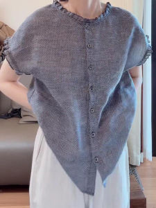 Shalldoer | French Unique Plaid Short Sleeve Shirt Women Loose Breathable Summer Top Patchwork Wood Grain Edge Small Flying Sleeve