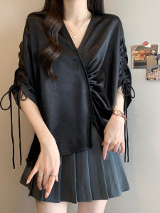 AIYITI | Plus Size V-Neck Short Sleeve Satin Shirt Black