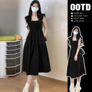 ชุดเดรสยาวปานกลางแขนกุดคอเหลี่ยมสีดำสไตล์ฝรั่งเศส กระโปรงทรงเอเข้ารูป ทรงเข้ารูป ฤดูร้อน ใหม่ แฟชั่นสตรี