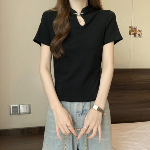 เสื้อผ้าฝ้ายบริสุทธิ์2025ฤดูร้อนสำหรับผู้หญิงชุดกี่เพ้าแขนสั้นใหม่เสื้อยืดปกตั้งสไตล์จีนเสื้อไซส์ใหญ่