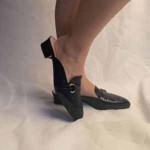 SIZE 35-45 Sepatu Bustong Mules Wanita Hitam Motif Kulit Crocodile Formal Pesta Hak Pendek 3 cm