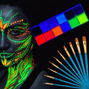 สีเรืองแสง 12 สีสำหรับทาตัวและใบหน้า แบบน้ำมัน ทาตัวเรืองแสงด้วยรังสียูวี หลอดเรืองแสง เหมาะสำหรับแต่งหน้าในงานปาร์ตี้ฮาโลวีน