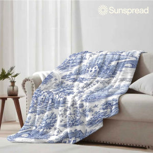 Beast Kingdom | Blue Country Toile De Jouy Soft Warm Flannel Blanket Lightweight Cozy Christmas Halloween Home Decor Room