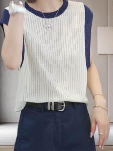 Shalldoer | Áo len dệt kim không tay mỏng mùa hè thoáng khí rộng rãi cho nữ Áo khoác ngoài khoét lỗ phong cách thường ngày thời trang công sở màu trơn