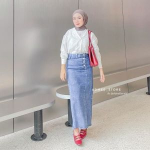 Rebbeca Rok Jeans Wanita Skirt Kancing Belah Samping