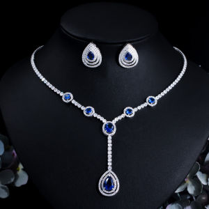 CWWZircons Dangle Water Drop Royal Blue African Cubic Zirconia Bride Jewelry Sets for Women Wedding Necklace and Earrings T623