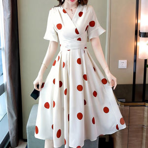 Womens Round Dot Print Dress Loose Short Sleeve V-neck dresses women new style 2023