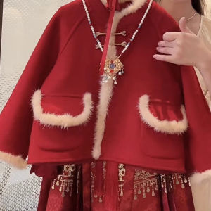 Girls Traditional Chinese Costume Set Winter Warm Fleece Inner Red New Year Visiting Skirt Suit Childrens Hanfu Tang Suit