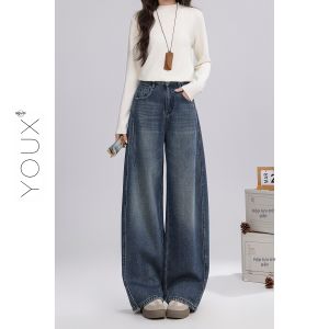 YOUXIANG | Quần Jeans Dày Lót Ấm Kiểu Hàn Quốc Vintage Chân Rộng
