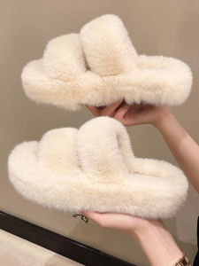 รองเท้าแตะส้นหนาสำหรับผู้หญิง สีดำ ขนแกะ รองเท้าแตะฤดูหนาว รองเท้าแตะพื้นหนาสำหรับกลางแจ้ง รองเท้าแตะขนสัตว์ รองเท้าแตะผ้าฝ้าย รองเท้าแตะสุดหรู